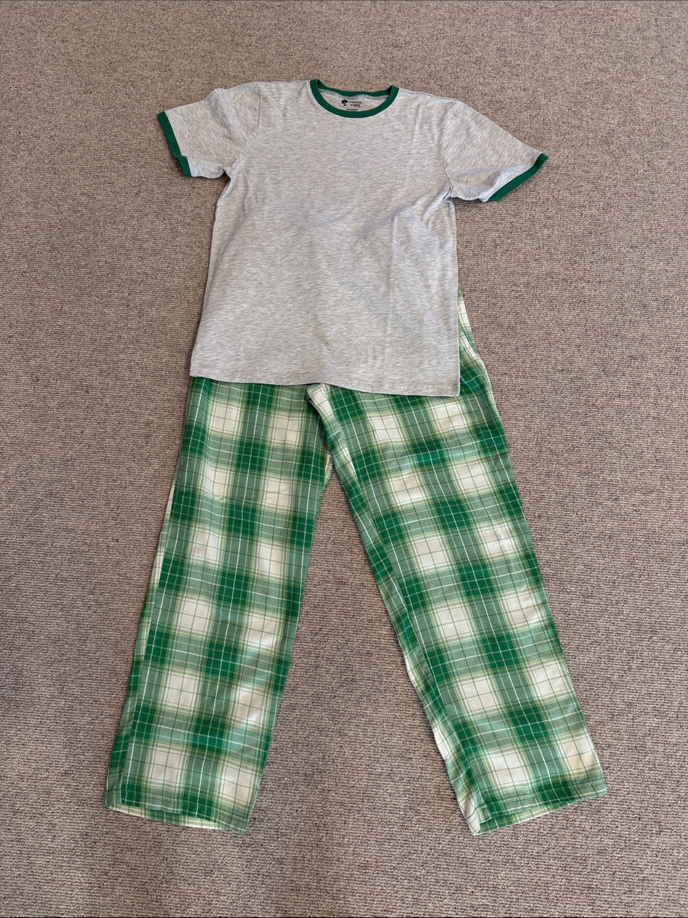 Tucker + Tate Grey T with Green Trim -Green & White Plaid Pajama Pants Boys XL
